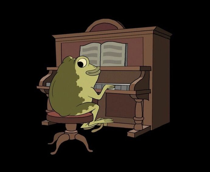 Illustration of a green frog playing an upright piano
