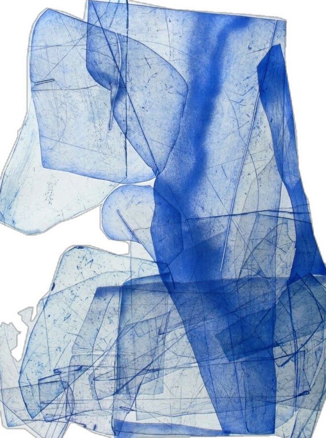 Translucent sheets of blue-dyed paper layered over one another